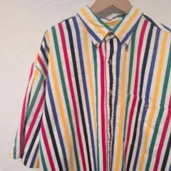 90年代 ランズエンド　マルチストライプ　半袖シャツ　ボタンダウン　L