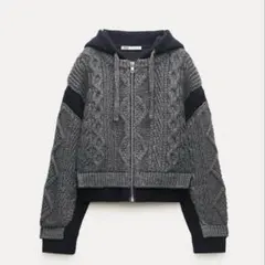 ZARA ザラ コントラストニットカーディガン ケーブルニットカーディガン L