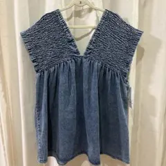 【新品】デニム　切り替えティアードベスト　シャーリングチュニック　Mサイズ