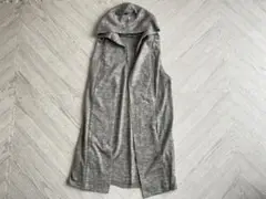ロングジレ　ニットジレ　フード付き　グレー