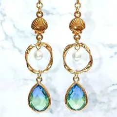 【ピアス】シェル×ドロップ オパールグリーン マリン初夏 6/30販売終了☆【ピアス】シェル×ドロップ オパールグリーン マリン 夏