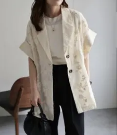 刺繍入り シアーテーラードサマージャケット　ハーフスリーブジャケットのサムネイル