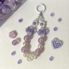 紫色リボン付きハンドメイド携帯ストラップ