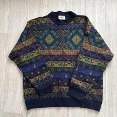 90s イタリア製 カッパ ウール ニット ロールネック パープル 総柄 短 