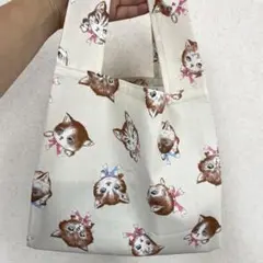 【セール中】ハンドメイドエコバッグ　コンビニサイズ　ねこ　ベージュ
