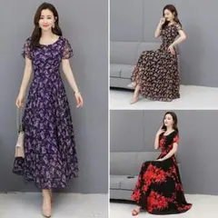 DI731 半袖 ロング丈 花柄 リゾート シフォン ワンピース