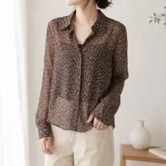 組曲 KUMIKYOKU 花柄 刺繍 シアー 長袖ブラウス 2 茶のサムネイル