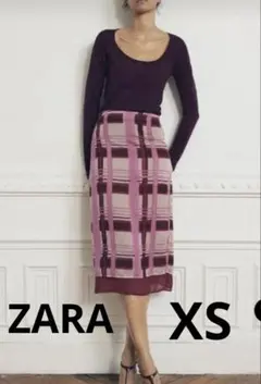 ZARA ロングスカート チェック柄 シアー ピンク XSのサムネイル