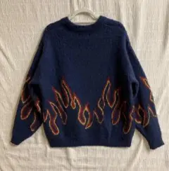ネイビー 炎模様 長袖　モヘア調　ニットセーター　メンズ　Mサイズ　送料込