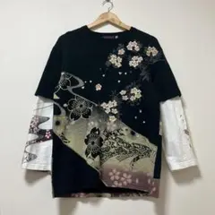 NEVERMIND 和柄　刺繍　カットソー　重ね着風　長袖　桜　和風　秋　花柄
