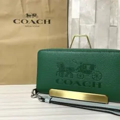 早い者勝ち！訳あり新品COACH 長財布 ホース＆キャリッジ柄 グリーン系