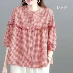 新品 レッド ギンガムチェック 五分袖シャツ ゆったり チュニック ブラウス