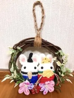 ひな祭り うさぎ 内裏様&お雛様リース あみぐるみ つまみ細工 ハンドメイド