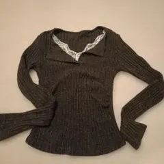 長袖Tシャツ レース付き Vネック ダークグレー レディース トップス