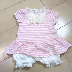 美品　マザウェイズ　夏　ロンパース 女の子 半袖 ピンク ボーダー レース