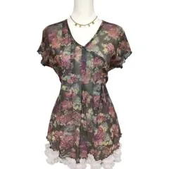 y2k フェアリーグランジ 花柄シースルー カシュクール 半袖チュニック