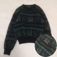 ヴィンテージ 古着 レトロ ニット 総柄 立体編み 日本製 ブラック L