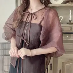 JUNOAH シースルーブラウンブラウス バルーンスリーブ　Sサイズ