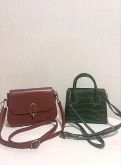 ブラウンショルダーバッグとグリーンハンドバッグセット