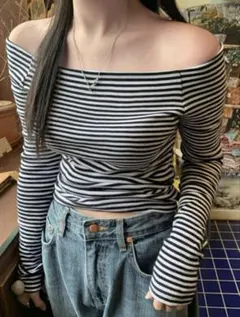 DAZY レディース オフショルダー ストライプ T シャツ