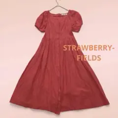 ストロベリーフィールズ ワンピース フレア レッド リネン混 パフスリーブ