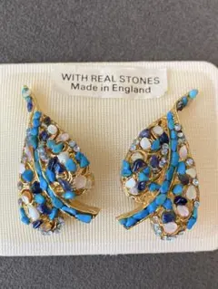 英国製　天然石カラーストーン　ヴィンテージイヤリング　クリップ式