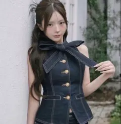 Darich DDボタンリボンデニムトップス インディゴブルー タグ付き