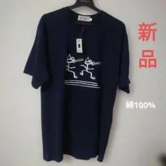ネイビー イラスト付き Tシャツ　Lサイズ　半袖　綿100%