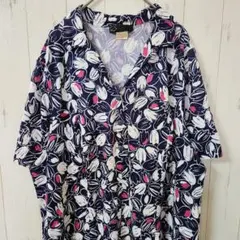 ​レトロ可愛い チューリップ ロングワンピース【F】昭和 半袖 紺 大きいサイズ