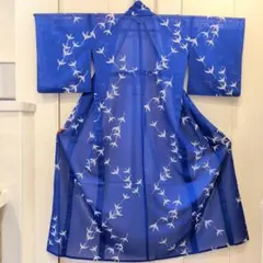 単衣 洗える着物 絽 裄66 鶴 青色美品 sh0505のサムネイル