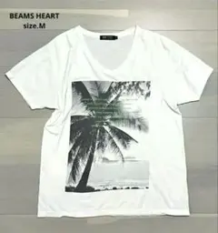 BEAMS HEART パームツリー プリント Vネック Tシャツ　白　サイズM