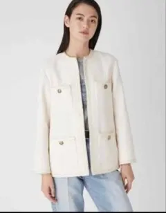 ミラオーウェン パッチポケット金ボタンロングツイードジャケット