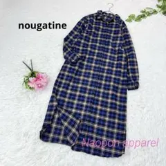 nougatine チェック柄　長袖　シャツワンピース　紺　M 薄手　綿100%