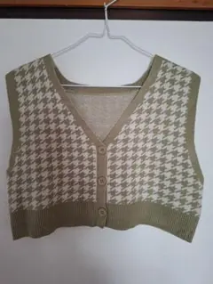 オリーブグリーン ハウンドトゥース ニットベスト