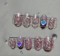 パープル ラメ ネイルチップ ブライダル 成人式 パーティー 夢かわハート