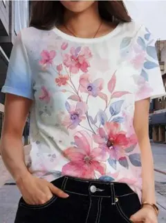 アート　イラスト　花柄　パステルカラー　レディース　Tシャツ　Lサイズ