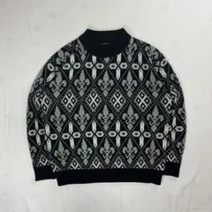 総柄 ニット セーター 黒 グレー 白 ヨーロピアン柄 古着