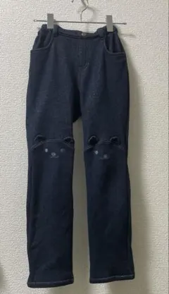 メゾピアノ 裏起毛　デニムパンツ　ネイビー クマ刺繍 ロングパンツ140cm