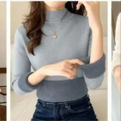 裏起毛 トップス モックネック ニット グレー 暖か 裏ボア 防寒