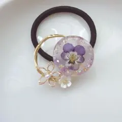 レジン製紫花ヘアゴム　ビオラ　ワイヤーフラワー　スターチス　ラベンダー