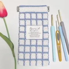 １点もの‼︎ ハンドメイド グラフチェックバネ口ポーチ　⚫︎空色カラー⚫︎