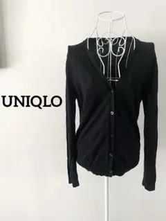 【UNIQLO】Vネック長袖ニットカーディガン 薄手 無地 ブラック 黒 M
