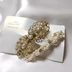 ヘアバレッタ★ヘアアクセサリー ゴールドの花モチーフとパール No.f669
