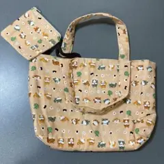 ハンドメイド ピンクベージュ 柴犬柄 トートバッグ ポーチ付き