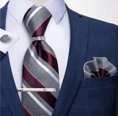 【5点セット】ネクタイストライプ結婚式二次会成人式赤ワインレッド銀シルバー
