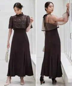 レースボレロ付き パーティードレス ブラウン Mサイズのサムネイル