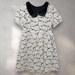 花柄 レース ワンピース 半袖 襟付き パール フレア Aライン レディース M