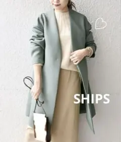 美品❣️SHIPS シップス❣️ノーカラーロングオーバージャケット グリーン