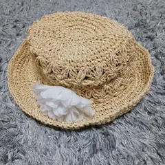キッズ 麦わら帽子 52cm ベージュ 花飾り付きのサムネイル