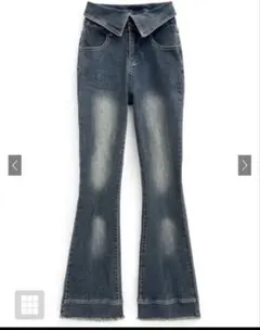 ウエスト折り返しフリンジフレアデニム[ks003]ネイビーグレイルエスサイズ